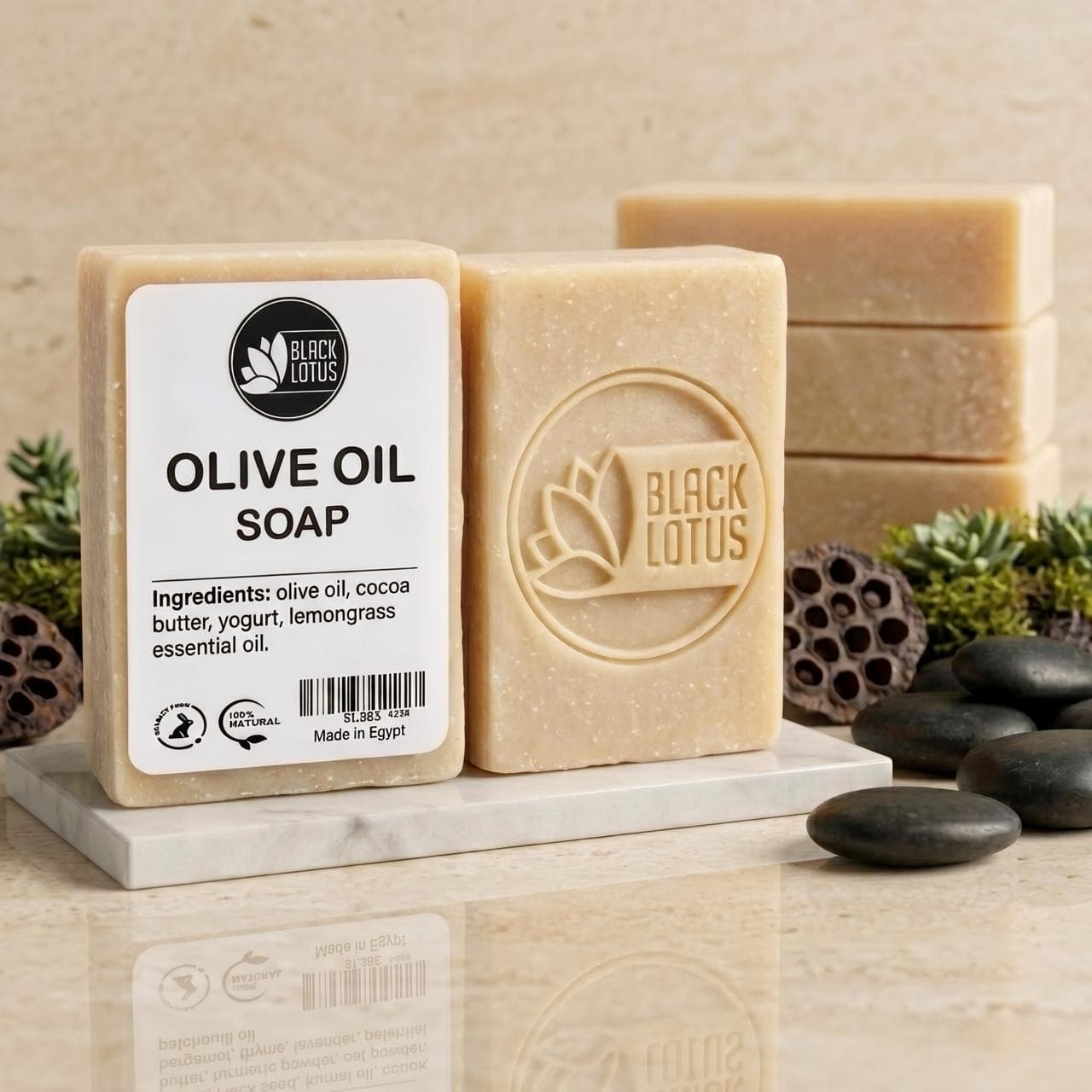 Stacked bars of Black Lotus olive oil soap